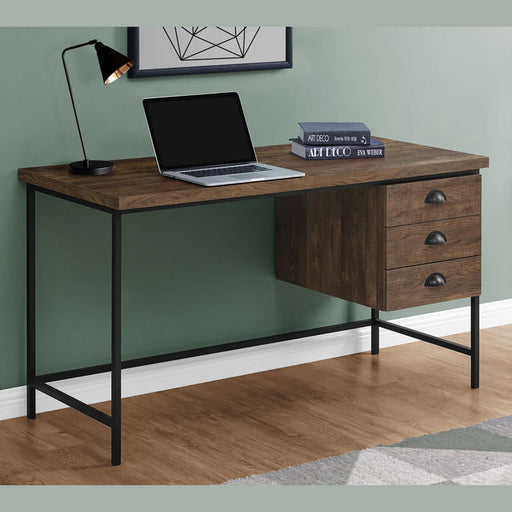 Monarch Specialties I 7485 | Meuble d'ordinateur - 55" - Spacieux dessus - 3 tiroirs - Base en Métal noir - Fini imitation de bois brun-SONXPLUS La Sarre