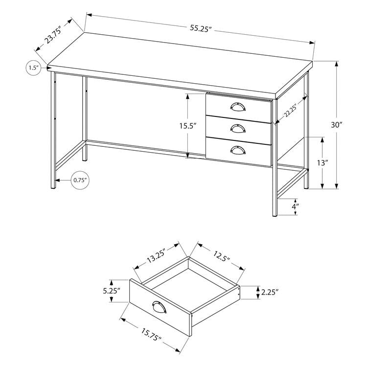 Monarch Specialties I 7485 | Meuble d'ordinateur - 55" - Spacieux dessus - 3 tiroirs - Base en Métal noir - Fini imitation de bois brun-La Sarre