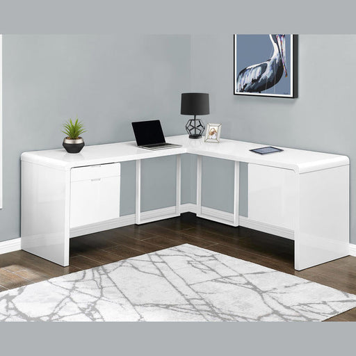 Monarch Specialties I 7582 | Meuble d'ordinateur - 70" - En coin - Conception en L - Configuration réversible - Avec tiroirs - Fini blanc lustré-SONXPLUS La Sarre