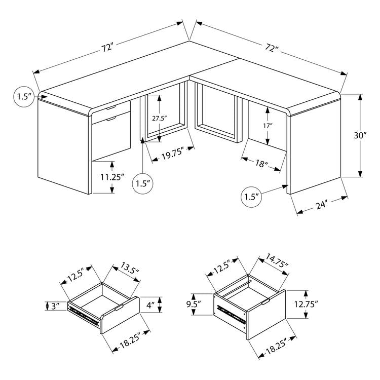 Monarch Specialties I 7582 | Meuble d'ordinateur - 70" - En coin - Conception en L - Configuration réversible - Avec tiroirs - Fini blanc lustré-La Sarre