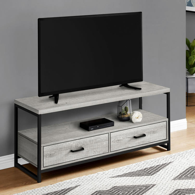 Monarch Specialties I 2871 | Meuble TV - 48" - 2 Tiroirs de rangement - Métal noir - Imitation bois Gris-SONXPLUS La Sarre